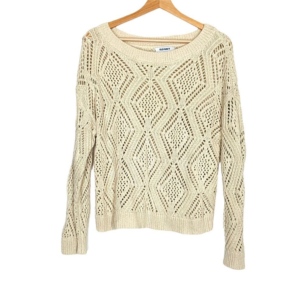 Old Navy Crochet Sweater Boat Neck Cream Size Small Earthy Boho Grannycore